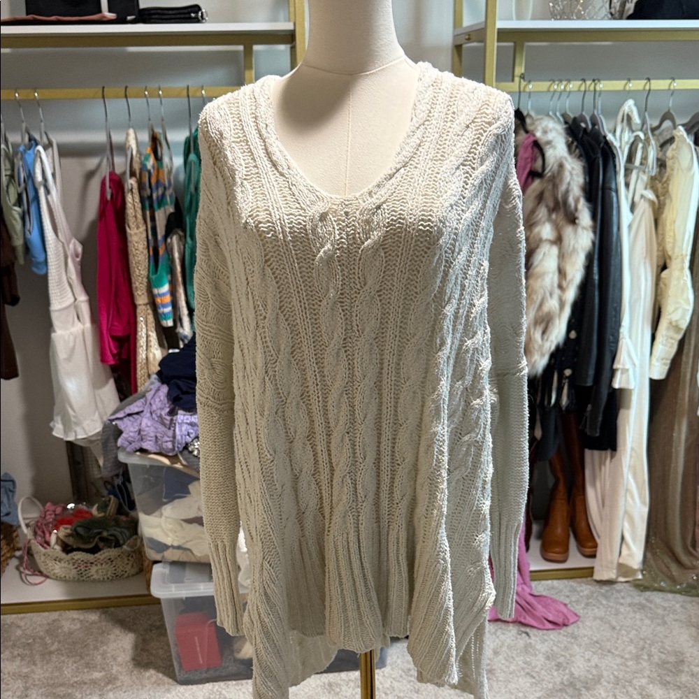 Free People Cream V-Neck Cable Knit Sweater